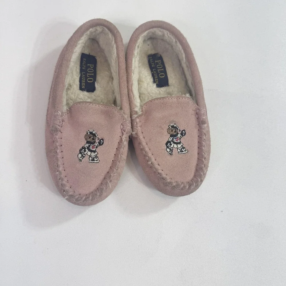 Polo Ralph Lauren Slippers Girls 11 Pink Suede Moccasin Polo Bear Cozy Lined